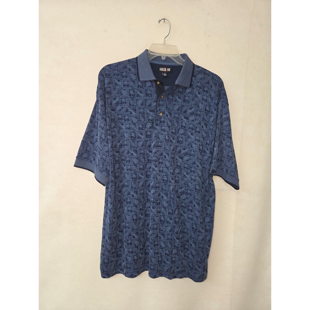 Keeler Bay Polo Shirt Mens XL Blue Tropical Palm Leaf Print Short‎ Sleeve Casual